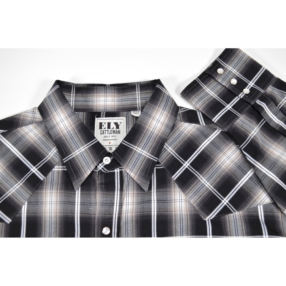 Ely Cattleman Western Shirt Men's XL Pearl Snap Black & White Plaid Long Sleeves